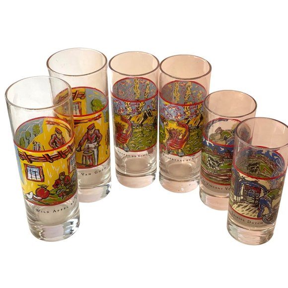 Vintage Cocktail Glass Vincent Van Gogh Spirits Art Painted Glass 6 Glasses
